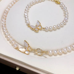 Live Broadcast Hot-Selling Natural Freshwater Pearl Set OT Butterfly Clasp Necklace Little Red Book Same Style Pearl Bracelet Baby Pearl