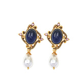 New Vintage Blue Sapphire Irregular Oval Gold-Plated Pearl Pendant Water Drop Earrings Niche Simple Fashion Earrings