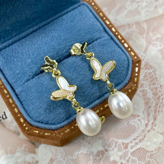 925Silver Needle Butterfly Mother-of-Pearl Freshwater Pearl Earrings for Women2023Trendy Internet Celebrity Earrings High-End Fashion Ear Jewelry