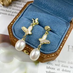 925Silver Needle Butterfly Mother-of-Pearl Freshwater Pearl Earrings for Women2023Trendy Internet Celebrity Earrings High-End Fashion Ear Jewelry