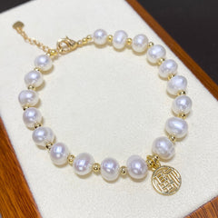 New Zhoujia Natural Freshwater Pearl Fashion Simple Bracelet with Fu Character for Women Pearl Jewelry One Piece Dropshipping