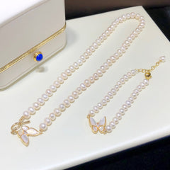 Live Broadcast Hot-Selling Natural Freshwater Pearl Set OT Butterfly Clasp Necklace Little Red Book Same Style Pearl Bracelet Baby Pearl