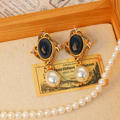 New Vintage Blue Sapphire Irregular Oval Gold-Plated Pearl Pendant Water Drop Earrings Niche Simple Fashion Earrings