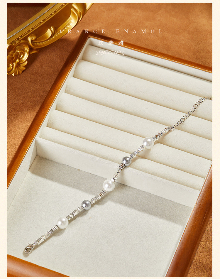 French Elegant Broken Silver Pearl Bracelet with Interspersed Pearls, Simple Starry Sky Super Shiny Versatile Stackable Matching