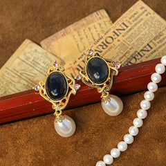 New Vintage Blue Sapphire Irregular Oval Gold-Plated Pearl Pendant Water Drop Earrings Niche Simple Fashion Earrings