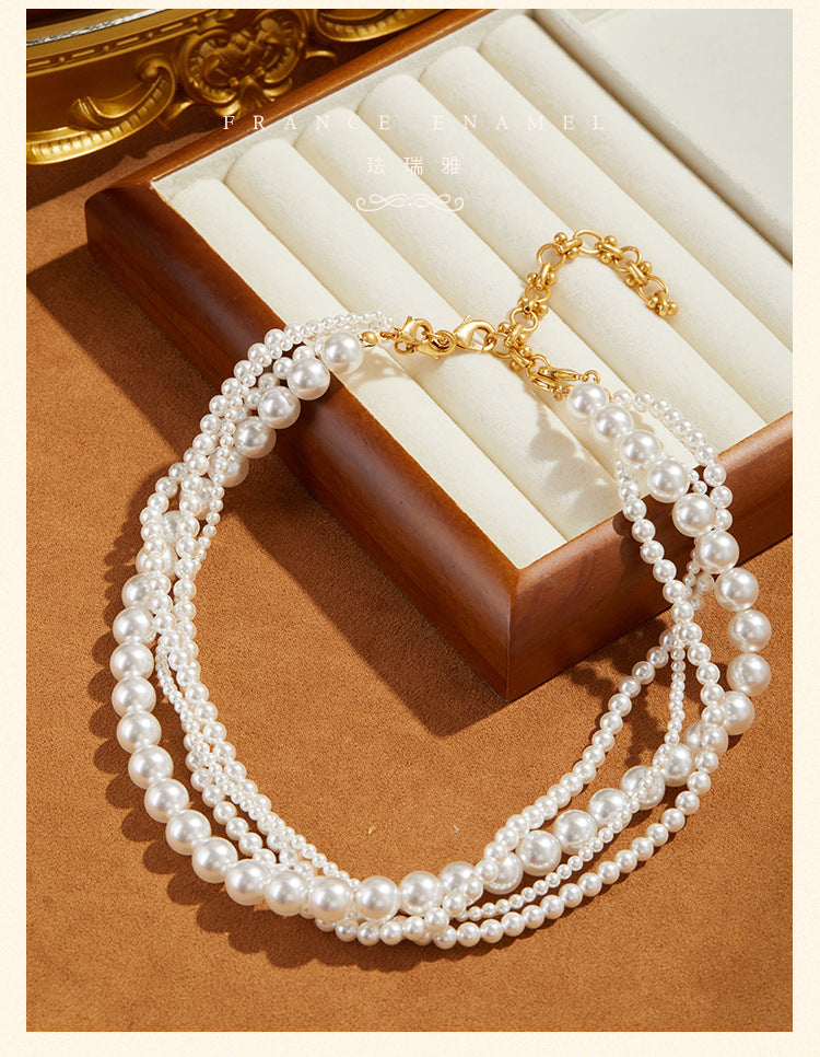 Graceful French Socialite Style Artificial Pearl Multi-layer Short Necklace Niche Design Fashion Trendy Choker for Women Elegant