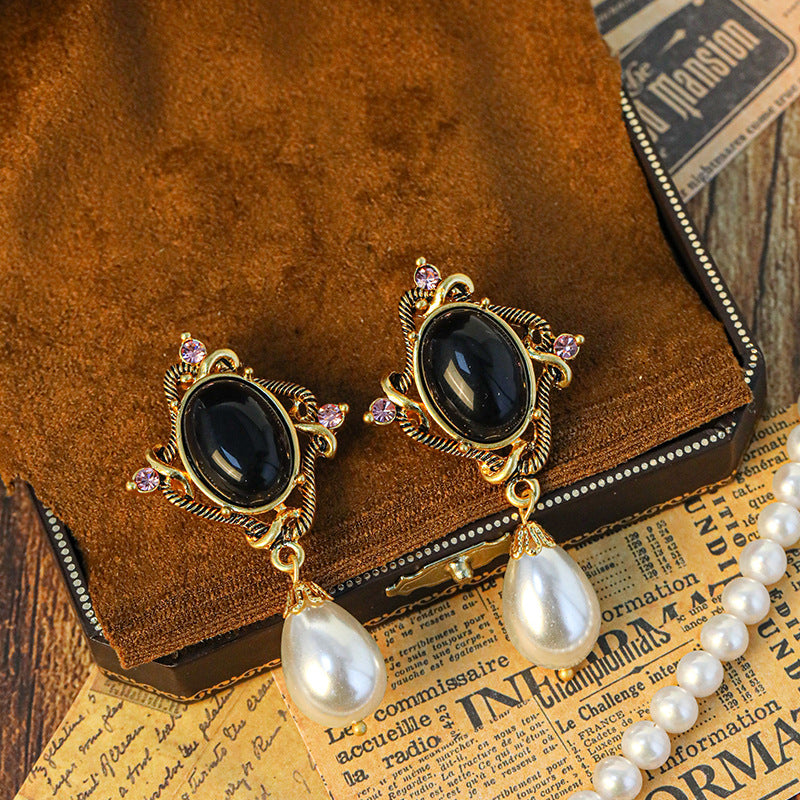 New Vintage Blue Sapphire Irregular Oval Gold-Plated Pearl Pendant Water Drop Earrings Niche Simple Fashion Earrings