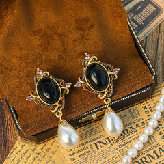 New Vintage Blue Sapphire Irregular Oval Gold-Plated Pearl Pendant Water Drop Earrings Niche Simple Fashion Earrings