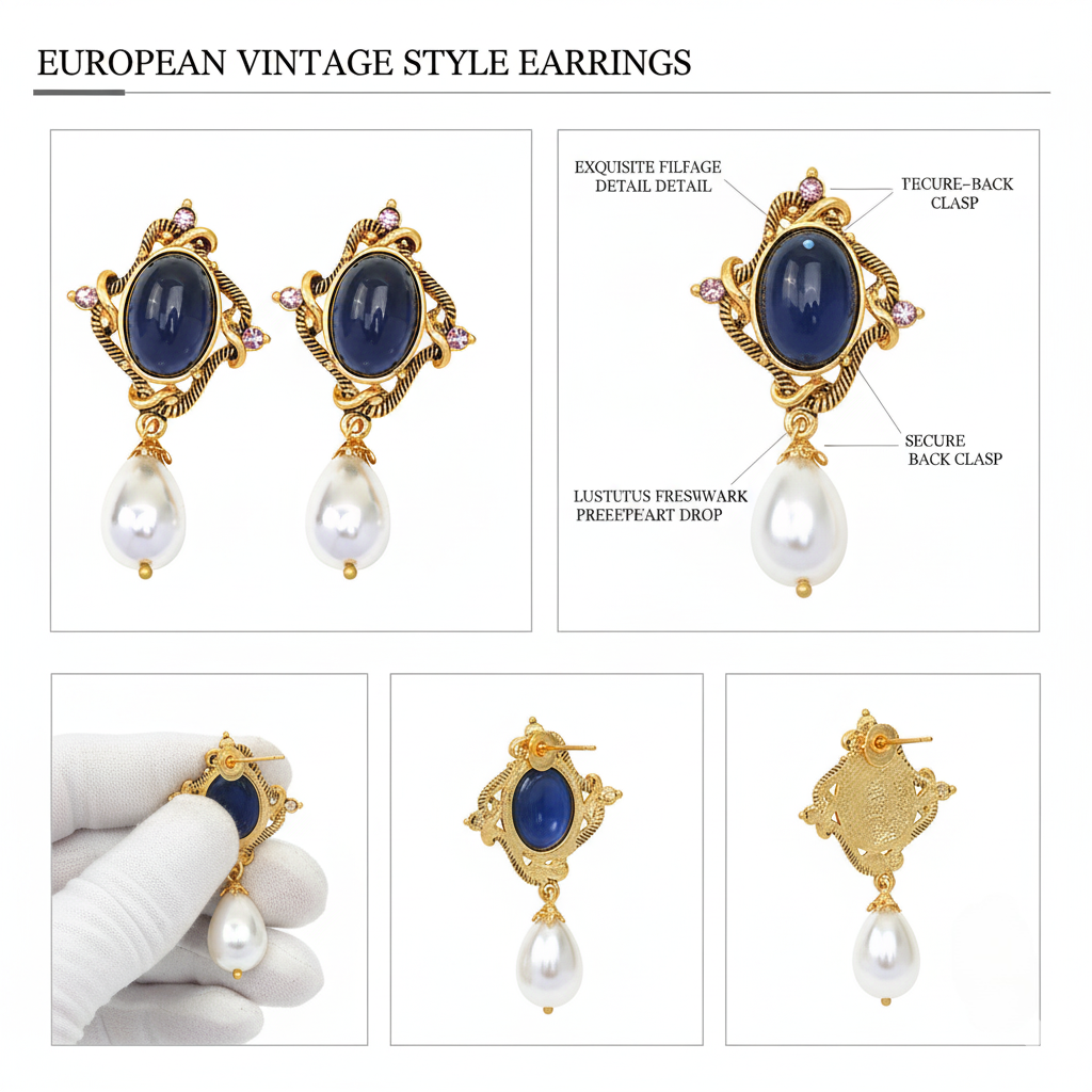 New Vintage Blue Sapphire Irregular Oval Gold-Plated Pearl Pendant Water Drop Earrings Niche Simple Fashion Earrings