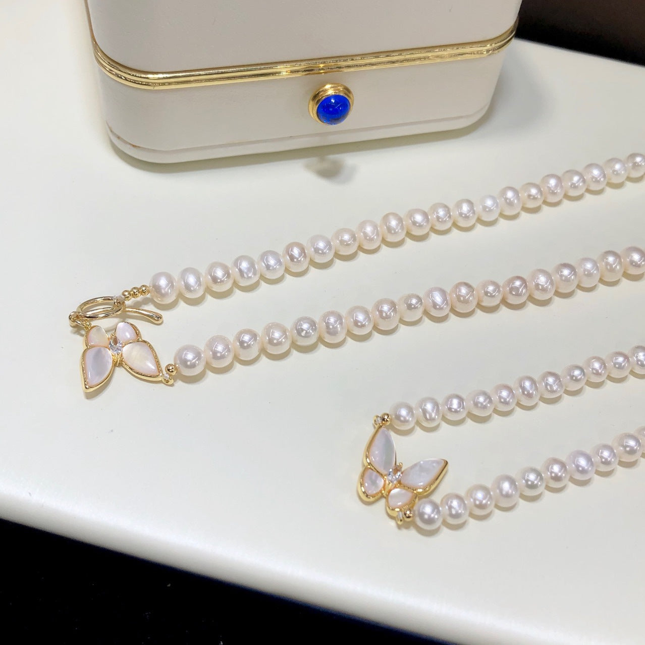 Live Broadcast Hot-Selling Natural Freshwater Pearl Set OT Butterfly Clasp Necklace Little Red Book Same Style Pearl Bracelet Baby Pearl