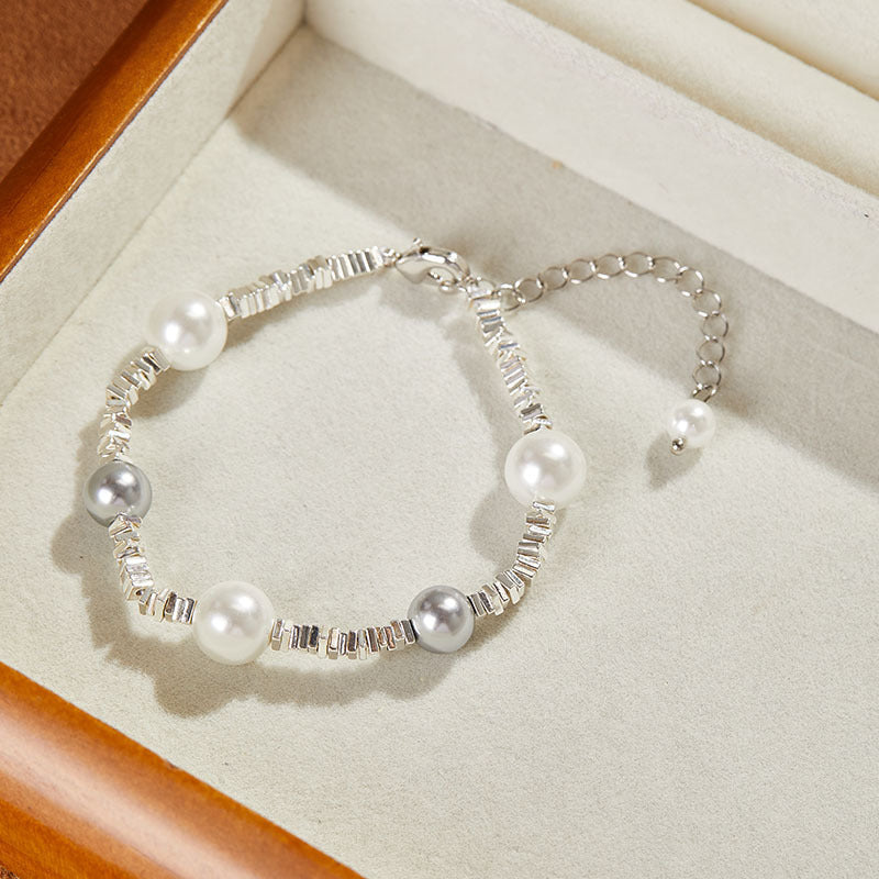 French Elegant Broken Silver Pearl Bracelet with Interspersed Pearls, Simple Starry Sky Super Shiny Versatile Stackable Matching