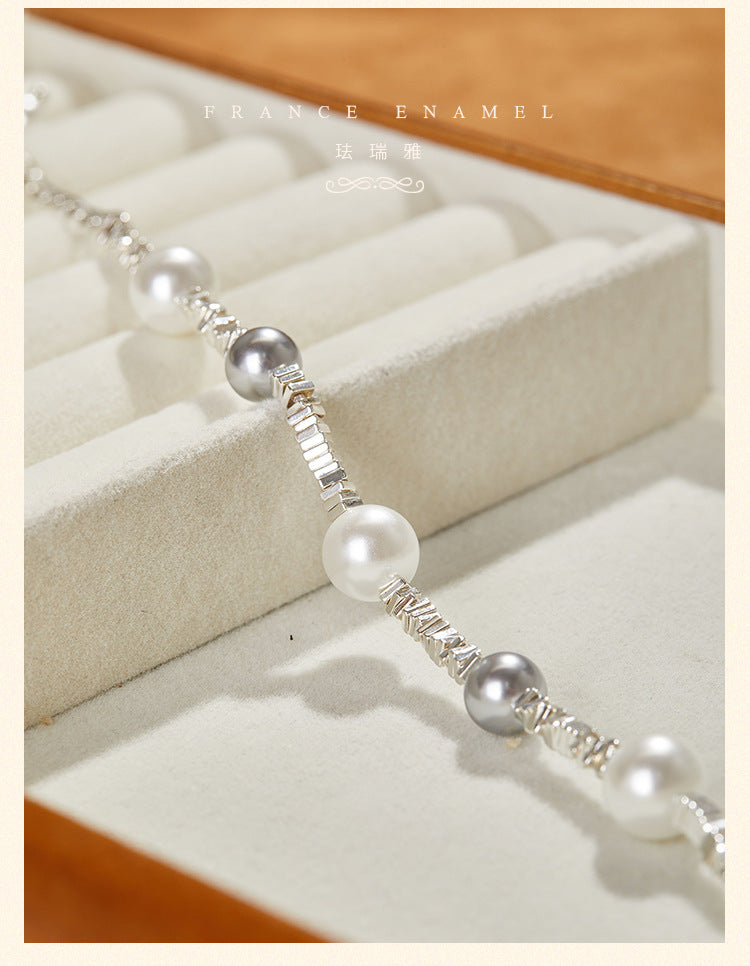 French Elegant Broken Silver Pearl Bracelet with Interspersed Pearls, Simple Starry Sky Super Shiny Versatile Stackable Matching