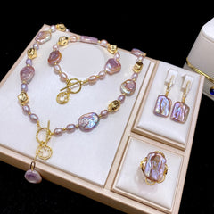 Baroque Natural Freshwater Pearl Necklace Set for Women, Unique Design Summer Bracelet, Choker, Earrings, Ring