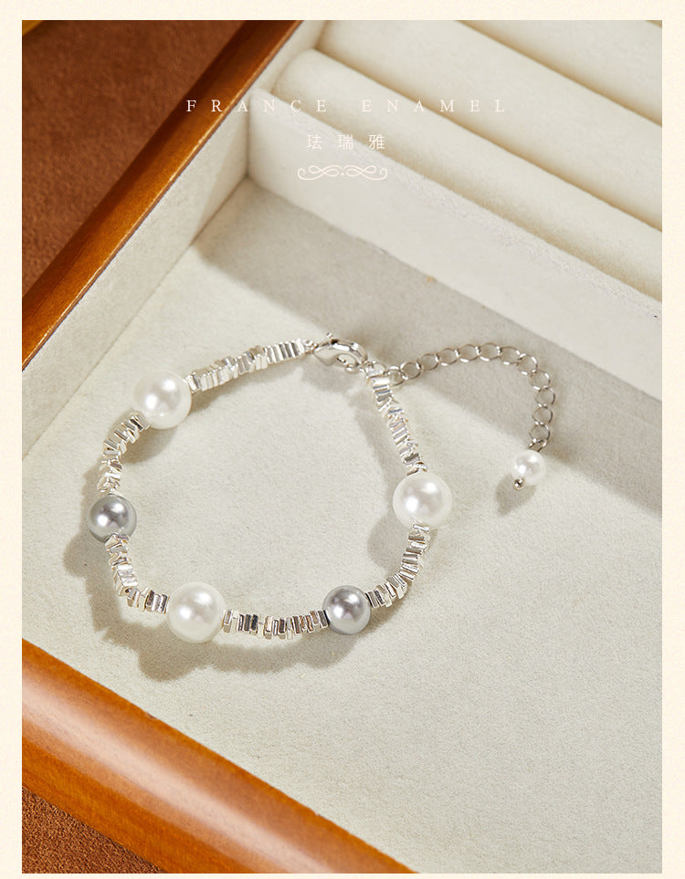 French Elegant Broken Silver Pearl Bracelet with Interspersed Pearls, Simple Starry Sky Super Shiny Versatile Stackable Matching