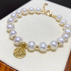 New Zhoujia Natural Freshwater Pearl Fashion Simple Bracelet with Fu Character for Women Pearl Jewelry One Piece Dropshipping