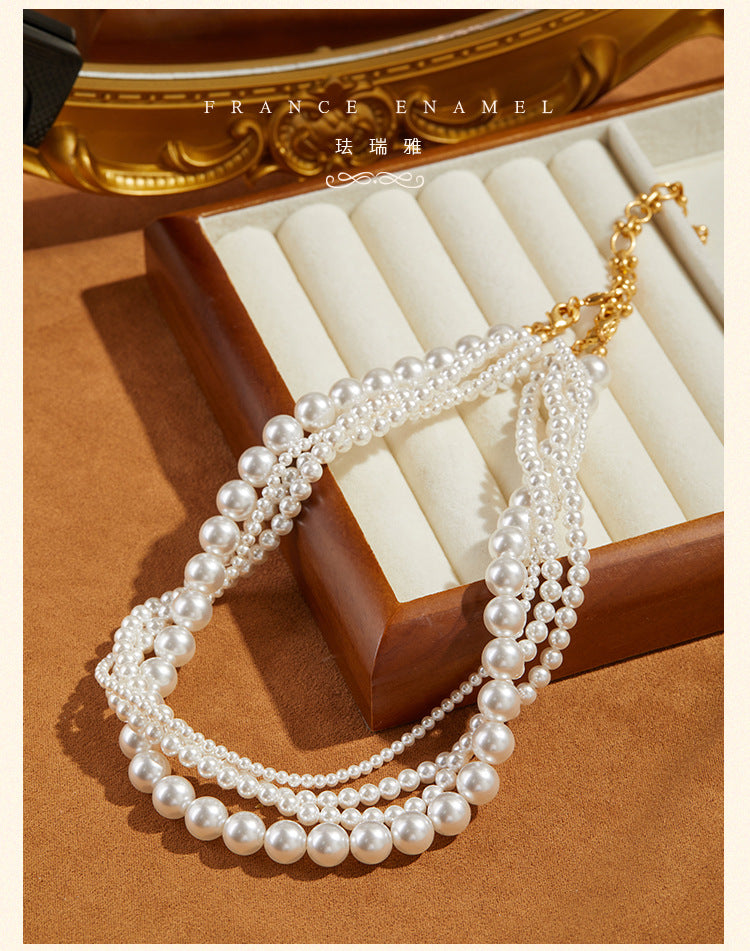 Graceful French Socialite Style Artificial Pearl Multi-layer Short Necklace Niche Design Fashion Trendy Choker for Women Elegant