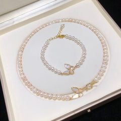 Live Broadcast Hot-Selling Natural Freshwater Pearl Set OT Butterfly Clasp Necklace Little Red Book Same Style Pearl Bracelet Baby Pearl